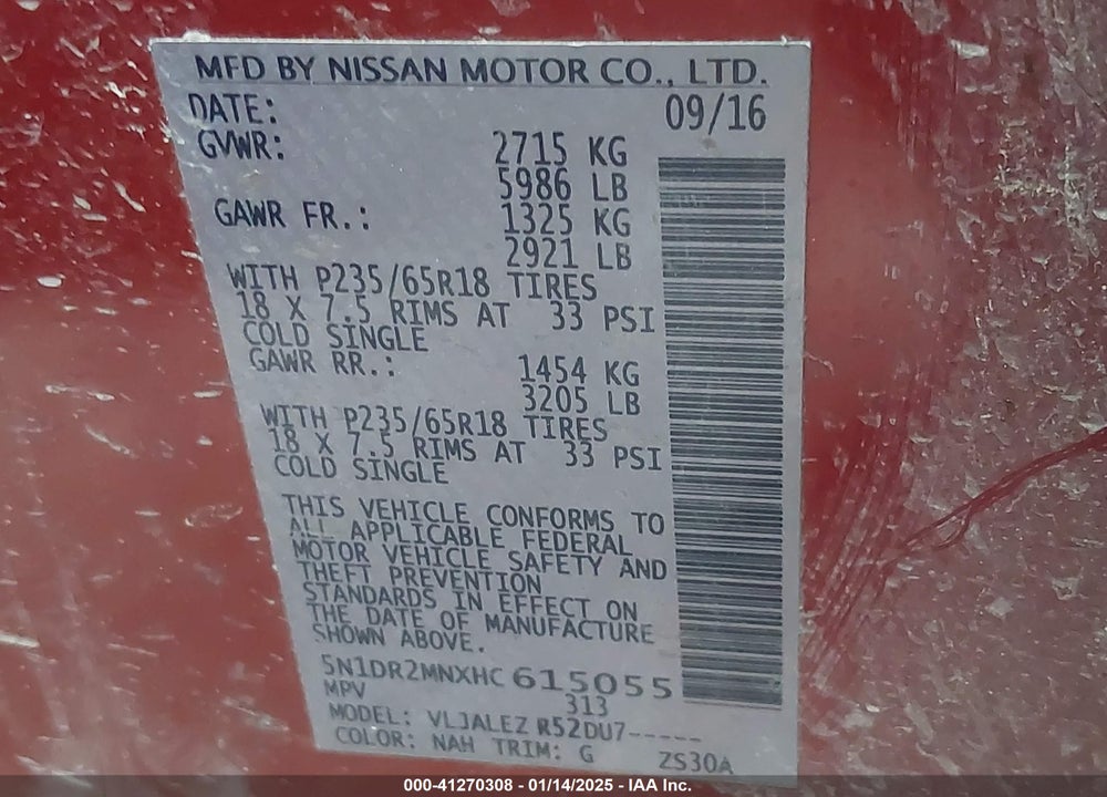 2017 NISSAN PATHFINDER PLATINUM/S/SL/SV VIN: 5N1DR2MNXHC615055