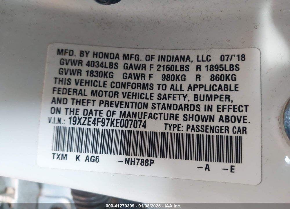 2019 HONDA INSIGHT TOURING VIN: 19XZE4F97KE007074