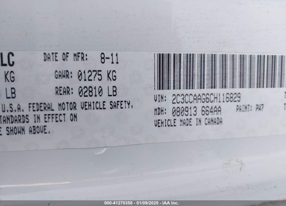 2012 CHRYSLER 300 VIN: 2C3CCAAG6CH116829