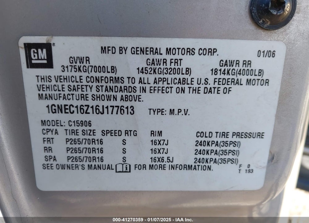 2006 CHEVROLET SUBURBAN 1500 LS VIN: 1GNEC16Z16J177613