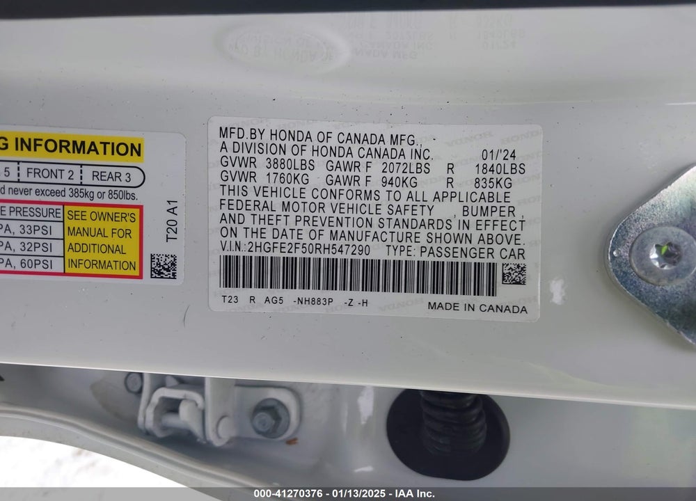 2024 HONDA CIVIC SPORT VIN: 2HGFE2F50RH547290