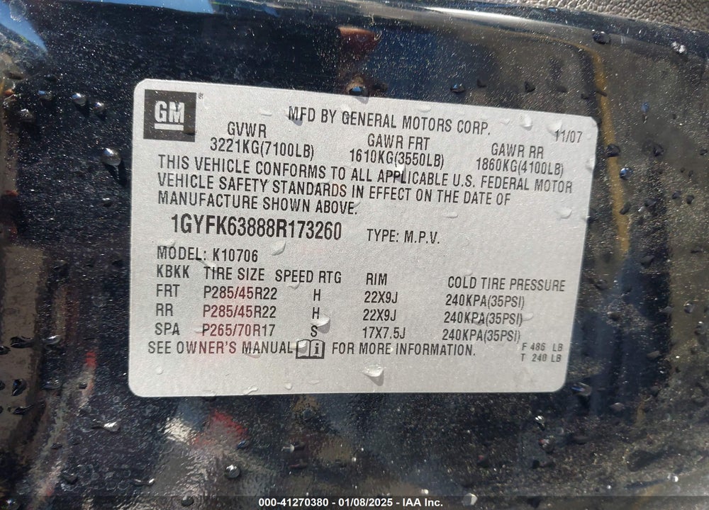 2008 CADILLAC ESCALADE STANDARD VIN: 1GYFK63888R173260