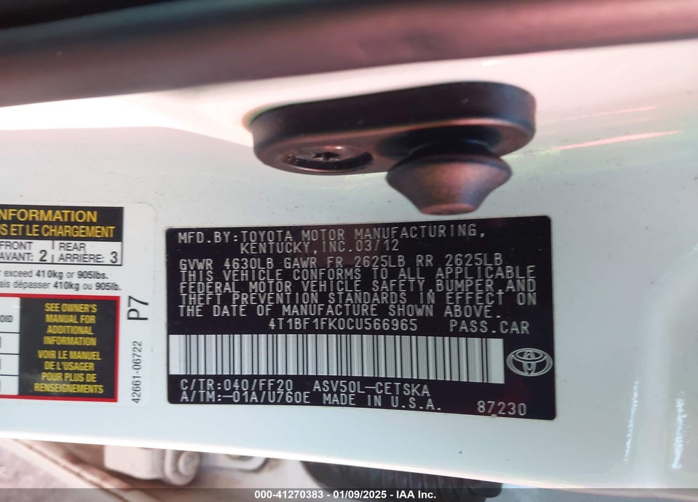 2012 TOYOTA CAMRY VIN: 4T1BF1FK0CU566965