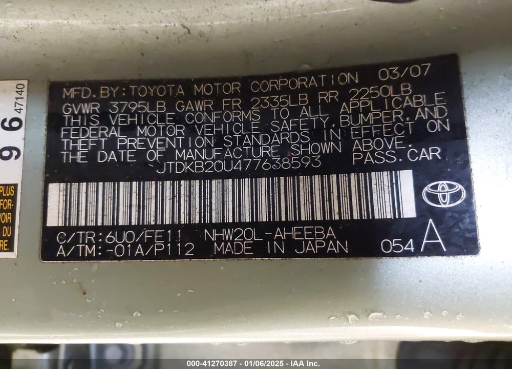 2007 TOYOTA PRIUS TOURING VIN: JTDKB20U477638593