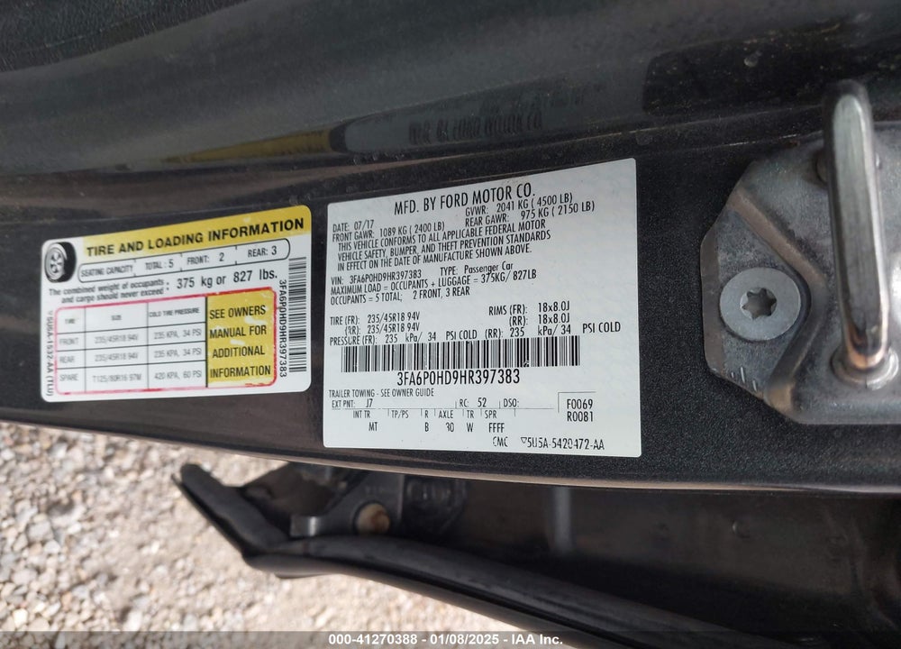 2017 FORD FUSION VIN: 3FA6P0HD9HR397383