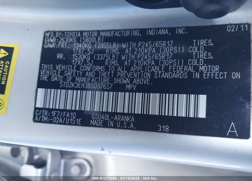 2011 TOYOTA HIGHLANDER SE VIN: 5TDZK3EH3BS037657