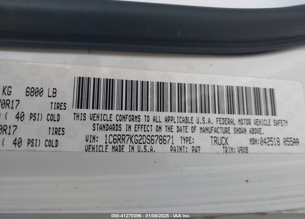 2013 RAM 1500 VIN: 1C6RR7KG2DS678671