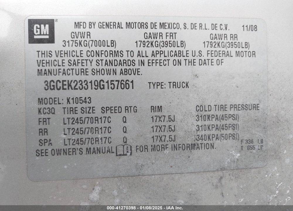 2009 CHEVROLET SILVERADO 1500 VIN: 3GCEK23319G157661