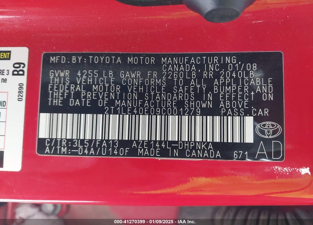 2009 TOYOTA COROLLA MATRIX VIN: 2T1LE40E09C001279