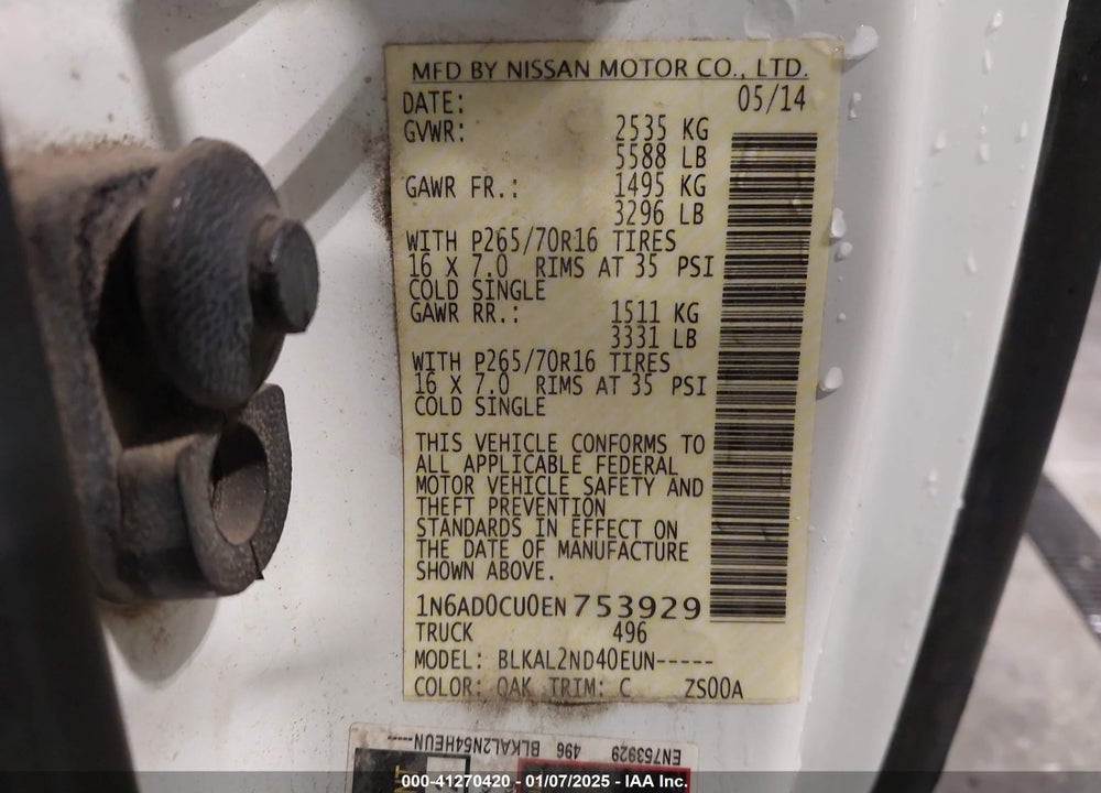 2014 NISSAN FRONTIER VIN: 1N6AD0CU0EN753929