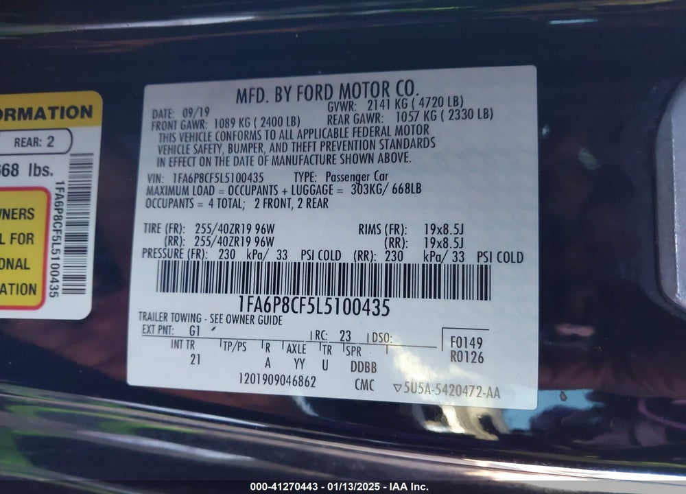 2020 FORD MUSTANG VIN: 1FA6P8CF5L5100435