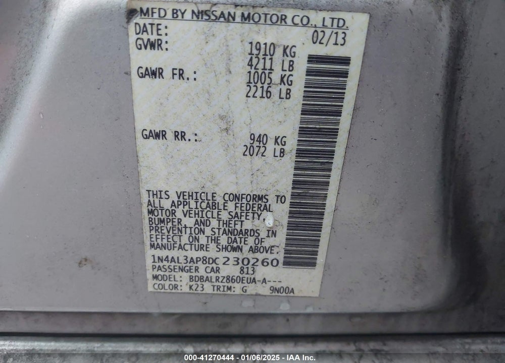 2013 NISSAN ALTIMA 2.5 S VIN: 1N4AL3AP8DC230260