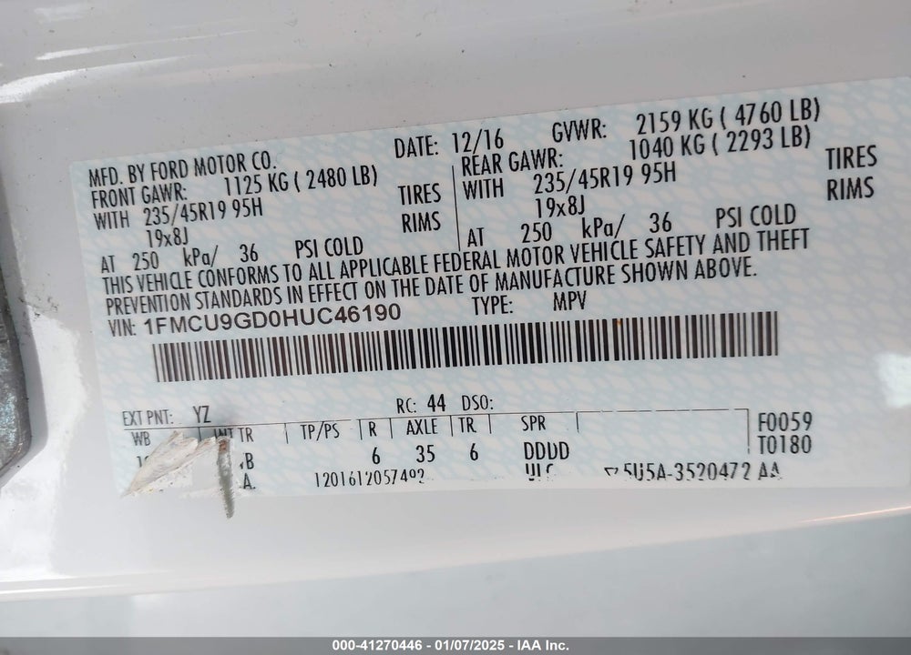 2017 FORD ESCAPE SE VIN: 1FMCU9GD0HUC46190
