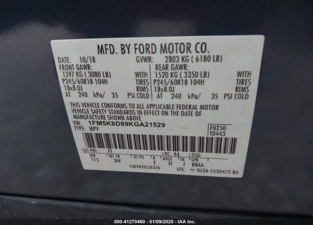 2019 FORD EXPLORER XLT VIN: 1FM5K8D89KGA21529