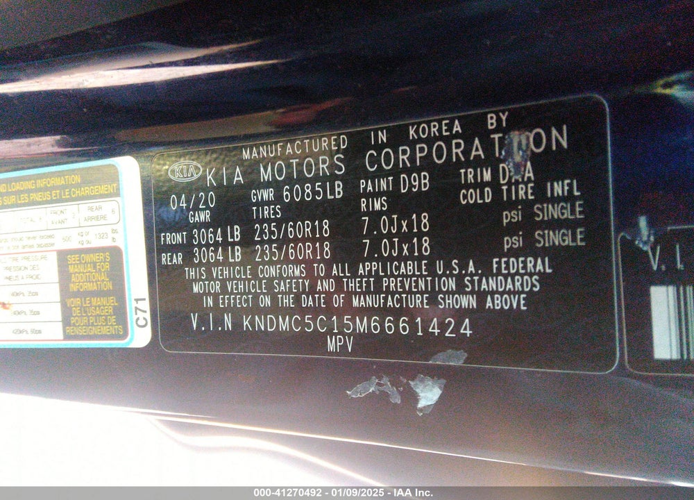 2021 KIA SEDONA EX VIN: KNDMC5C15M6661424