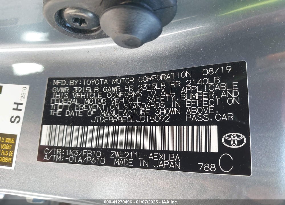 2020 TOYOTA COROLLA VIN: JTDEBRBE0LJ015092
