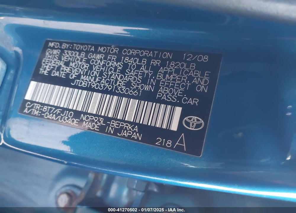 2009 TOYOTA YARIS VIN: JTDBT903791330661