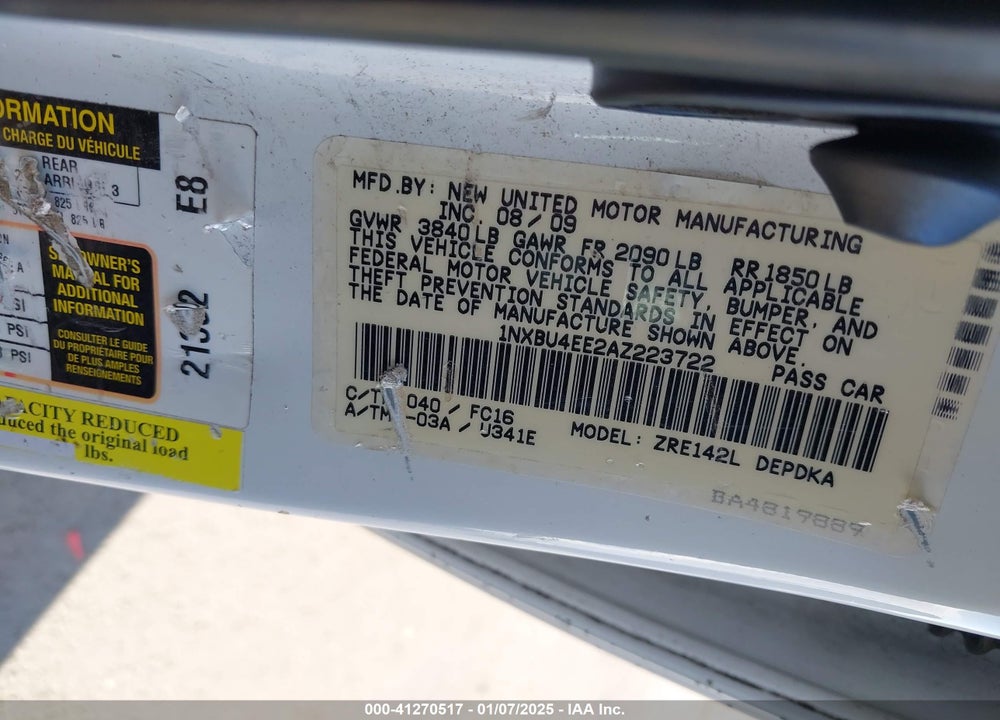 2010 TOYOTA COROLLA LE VIN: 1NXBU4EE2AZ223722