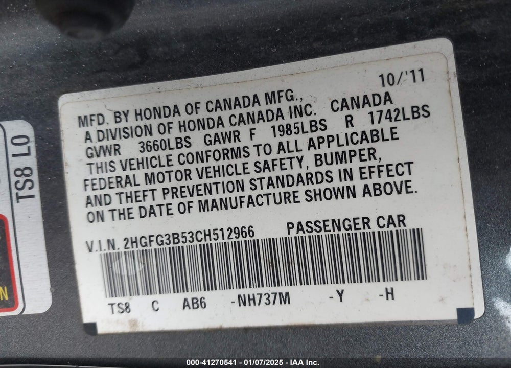 2012 HONDA CIVIC LX VIN: 2HGFG3B53CH512966