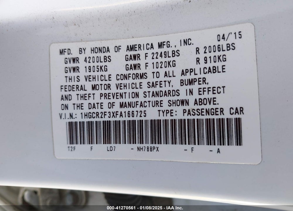 2015 HONDA ACCORD VIN: 1HGCR2F3XFA166725