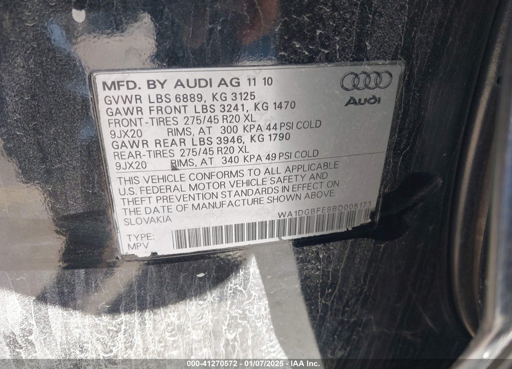 2011 AUDI Q7 3.0T S LINE PRESTIGE VIN: WA1DGBFE8BD005173