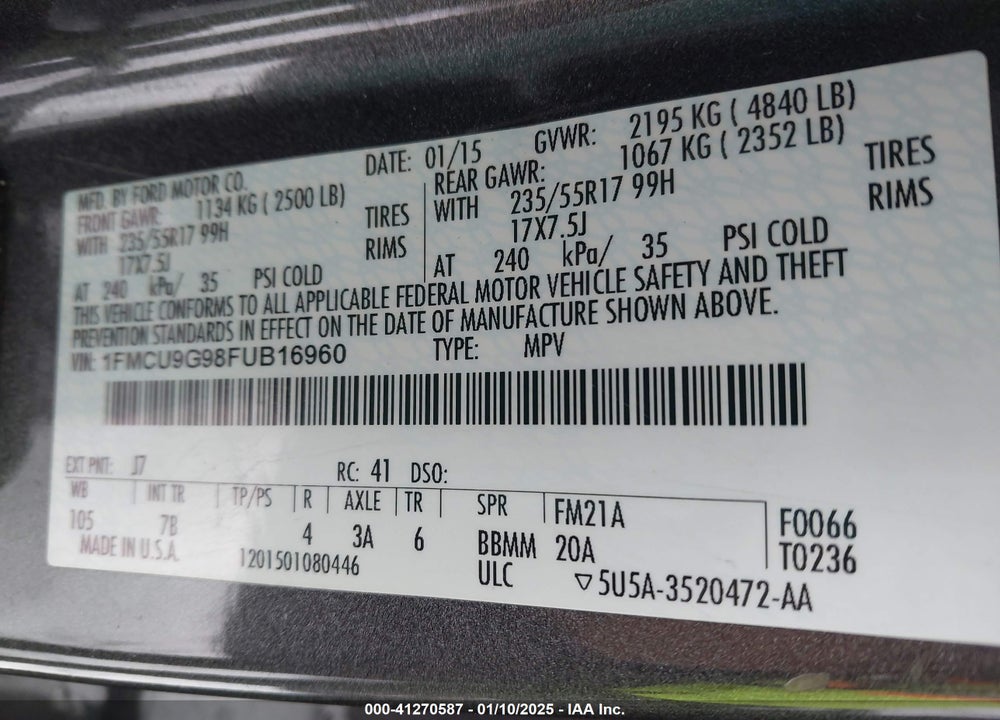 2015 FORD ESCAPE VIN: 1FMCU9G98FUB16960