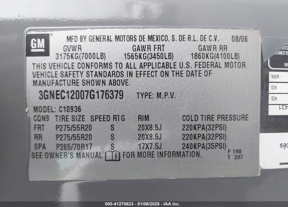 2007 CHEVROLET AVALANCHE 1500 LTZ VIN: 3GNEC12007G176379