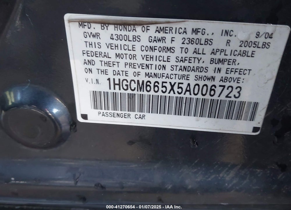 2005 HONDA ACCORD 3.0 EX VIN: 1HGCM665X5A006723