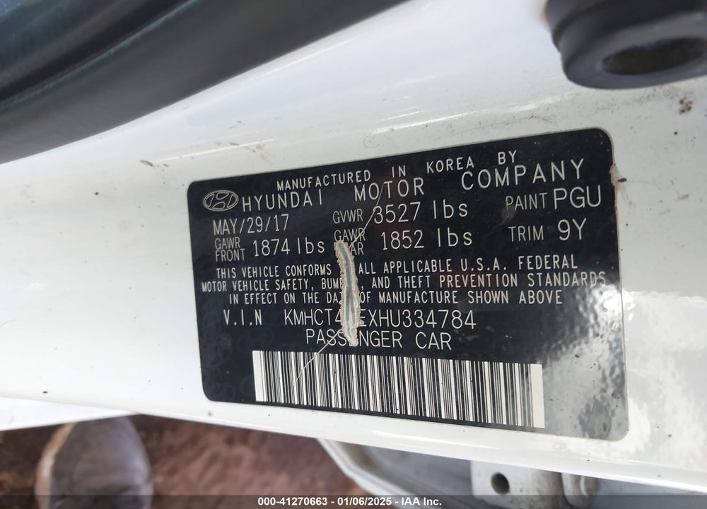 2017 HYUNDAI ACCENT VIN: KMHCT4AEXHU334784
