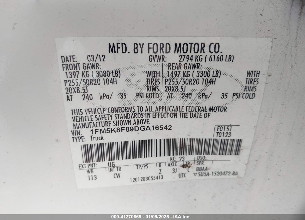 2013 FORD EXPLORER LIMITED VIN: 1FM5K8F89DGA16542