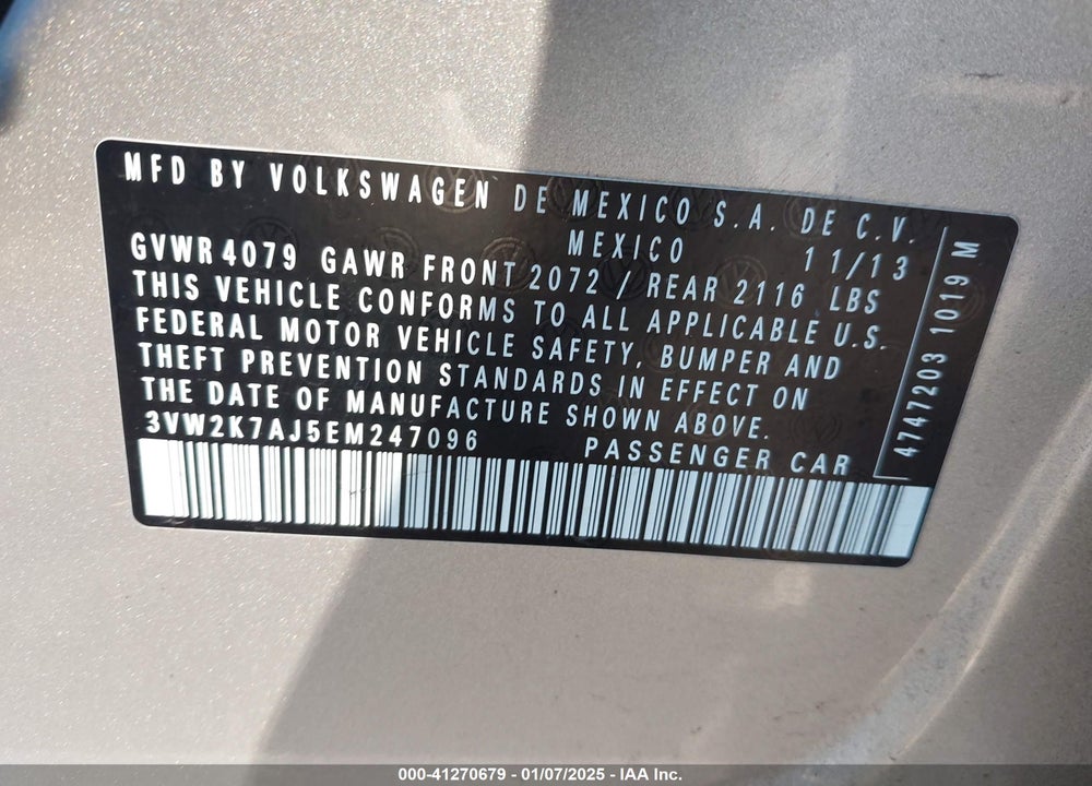 2014 VOLKSWAGEN JETTA VIN: 3VW2K7AJ5EM247096