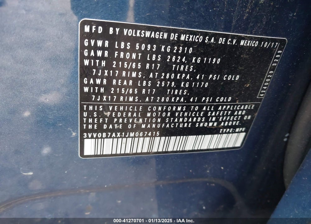 2018 VOLKSWAGEN TIGUAN 2.0T S VIN: 3VV0B7AX1JM067415