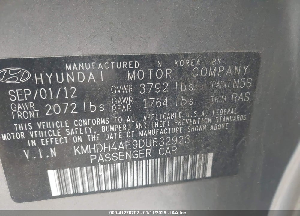 2013 HYUNDAI ELANTRA VIN: KMHDH4AE9DU632923