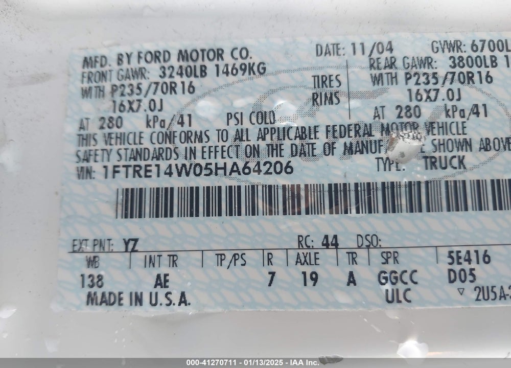 2005 FORD E-150 COMMERCIAL/RECREATIONAL VIN: 1FTRE14W05HA64206