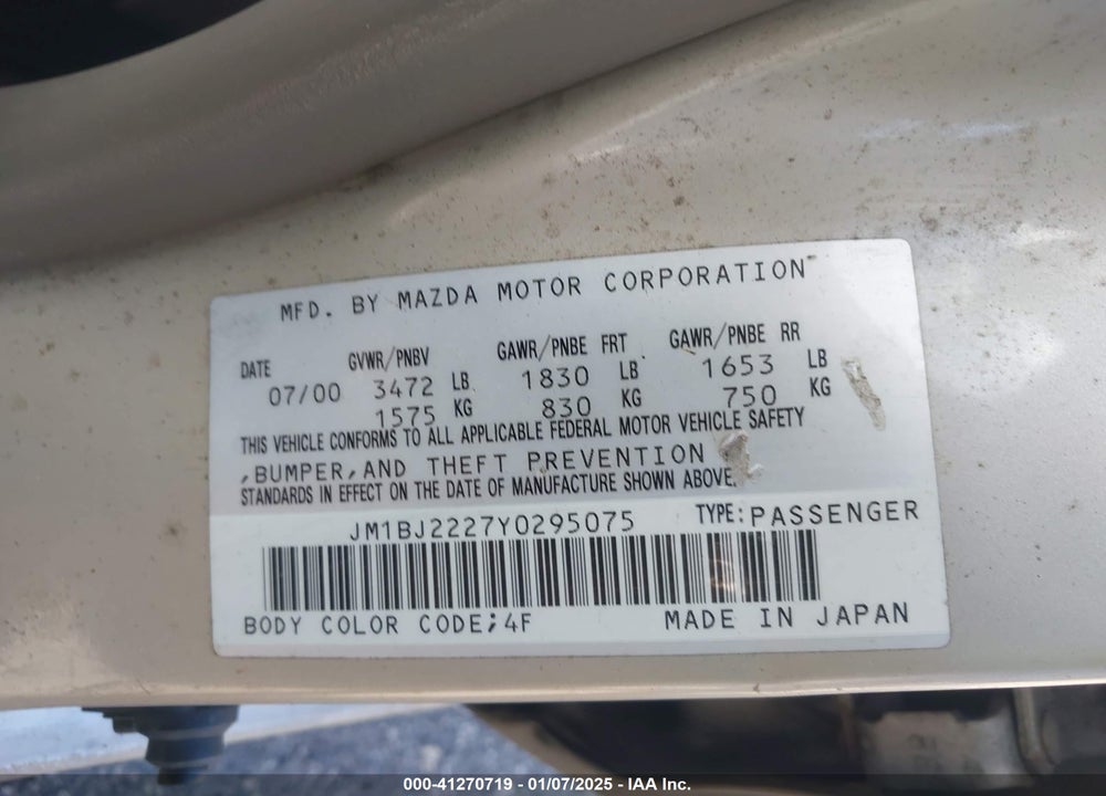 2000 MAZDA PROTEGE DX/LX VIN: JM1BJ2227Y0295075