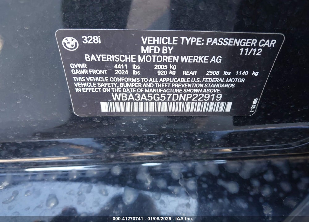 2013 BMW 328I VIN: WBA3A5G57DNP22919