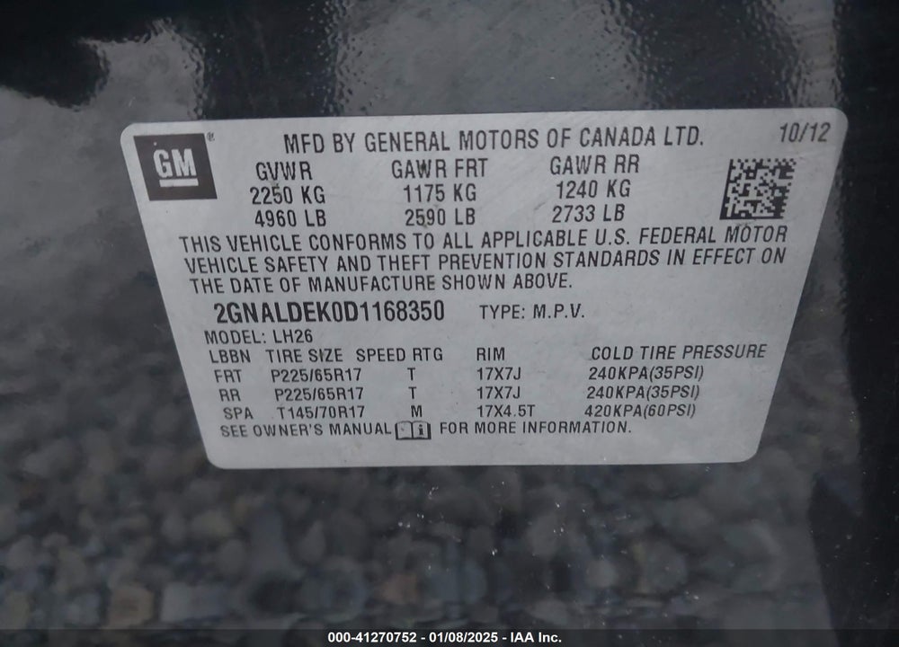 2013 CHEVROLET EQUINOX 1LT VIN: 2GNALDEK0D1168350