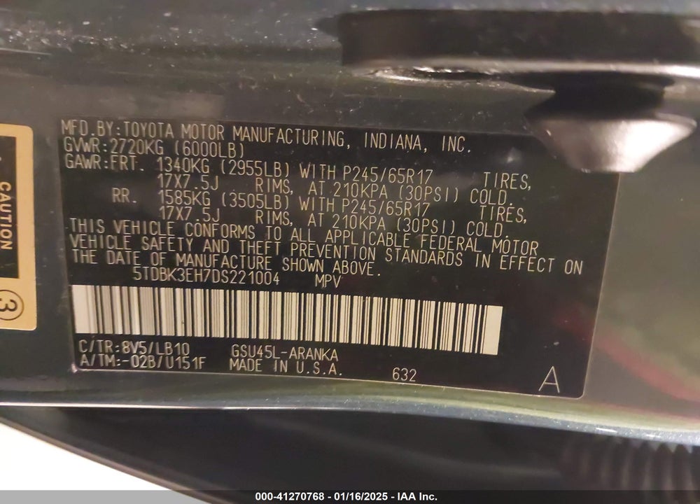 2013 TOYOTA HIGHLANDER SE V6 VIN: 5TDBK3EH7DS221004