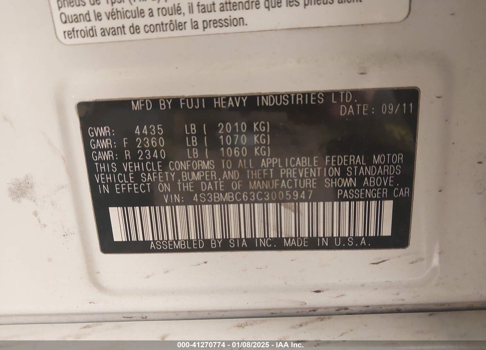 2012 SUBARU LEGACY VIN: 4S3BMBC63C3005947