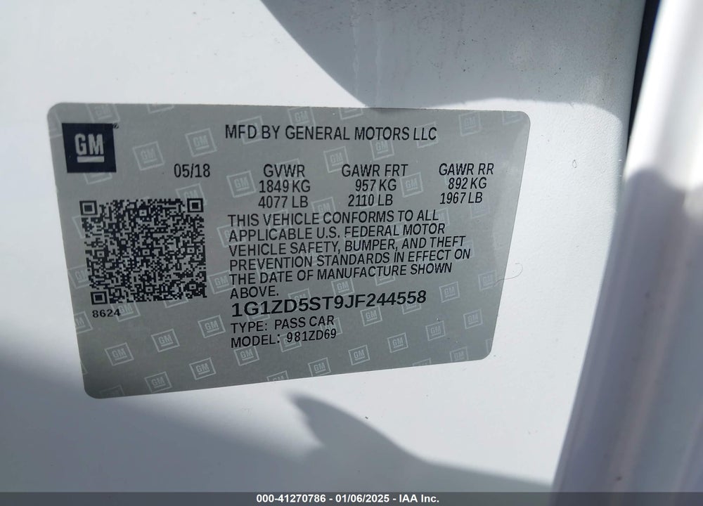 2018 CHEVROLET MALIBU LT VIN: 1G1ZD5ST9JF244558