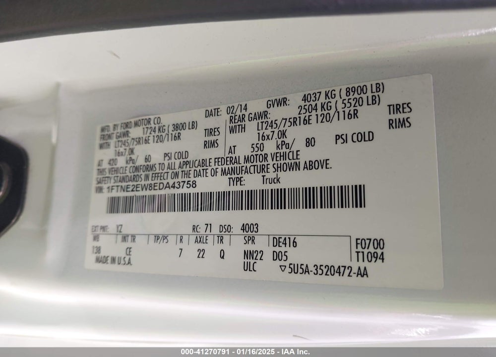 2014 FORD E-250 COMMERCIAL VIN: 1FTNE2EW8EDA43758