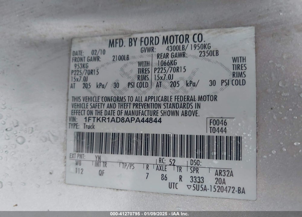 2010 FORD RANGER XL/XLT VIN: 1FTKR1AD8APA44844
