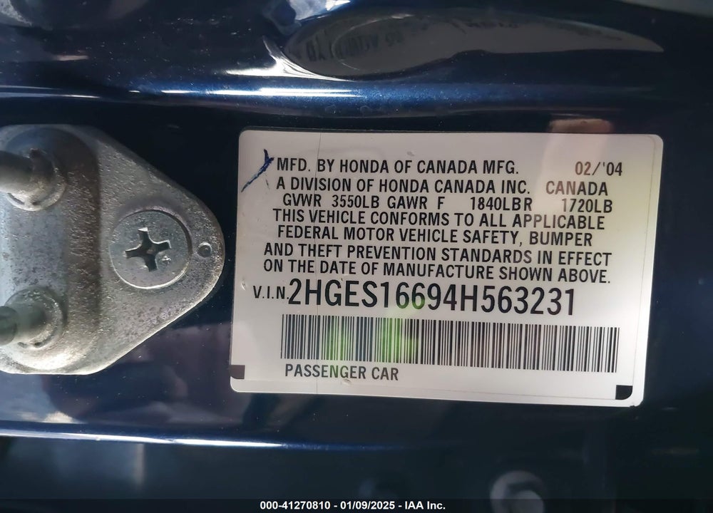 2004 HONDA CIVIC LX VIN: 2HGES16694H563231