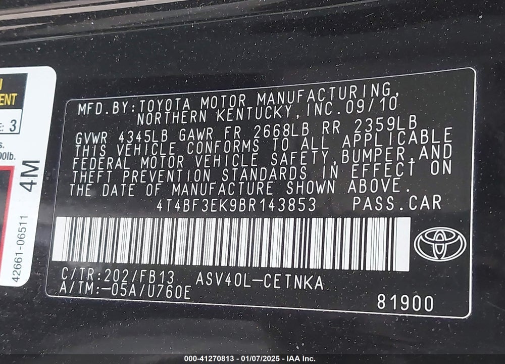 2011 TOYOTA CAMRY VIN: 4T4BF3EK9BR143853