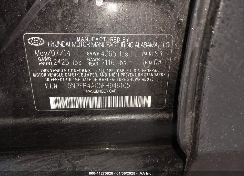 2014 HYUNDAI SONATA GLS VIN: 5NPEB4AC5EH946105