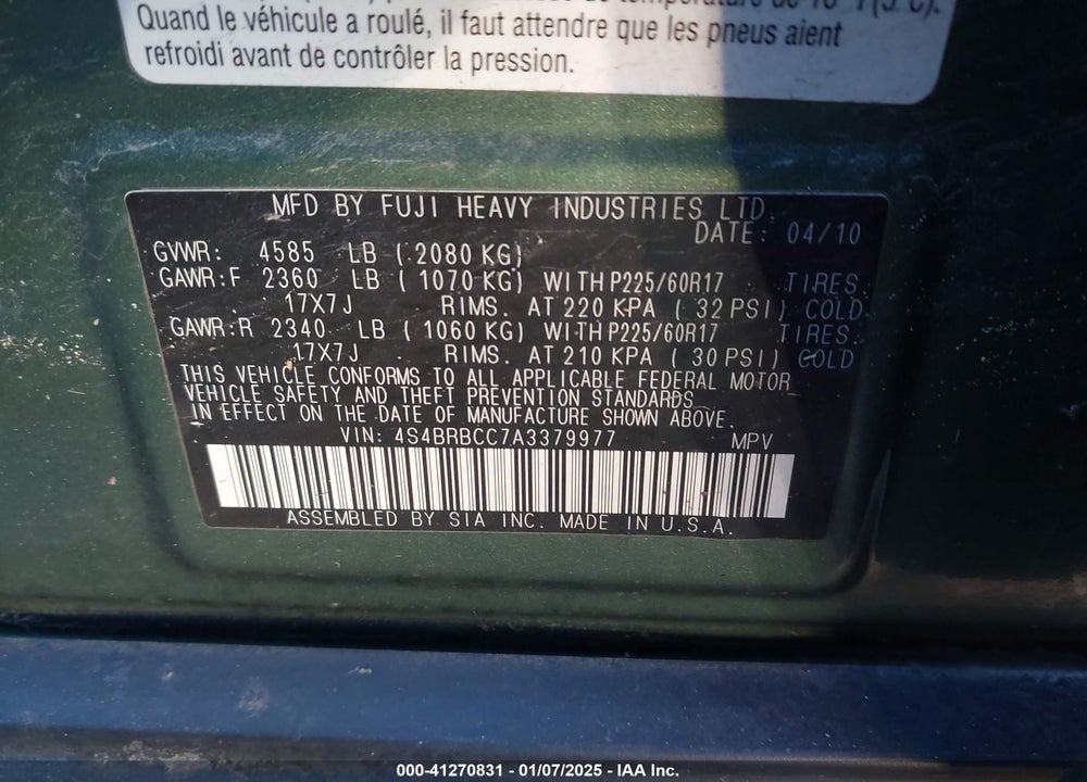 2010 SUBARU OUTBACK 2.5I PREMIUM VIN: 4S4BRBCC7A3379977