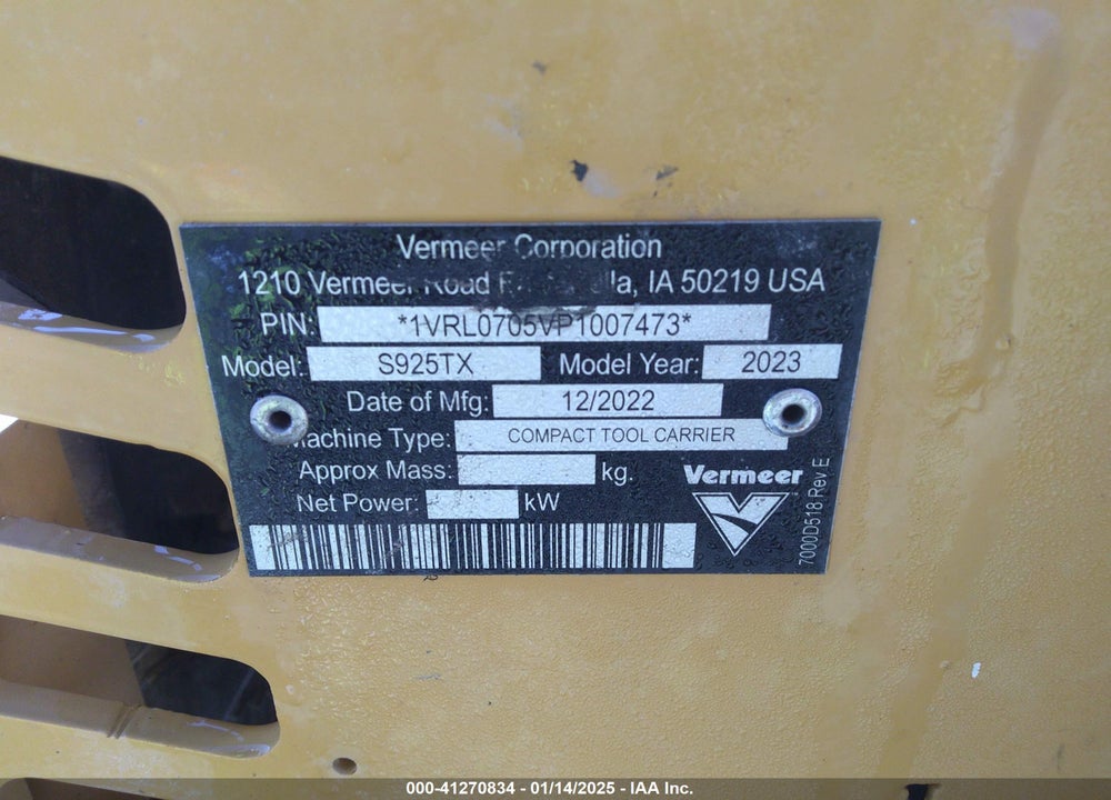 2023 VERMEER S925TX SKID STEER VIN: 1VRL0705VP1007473