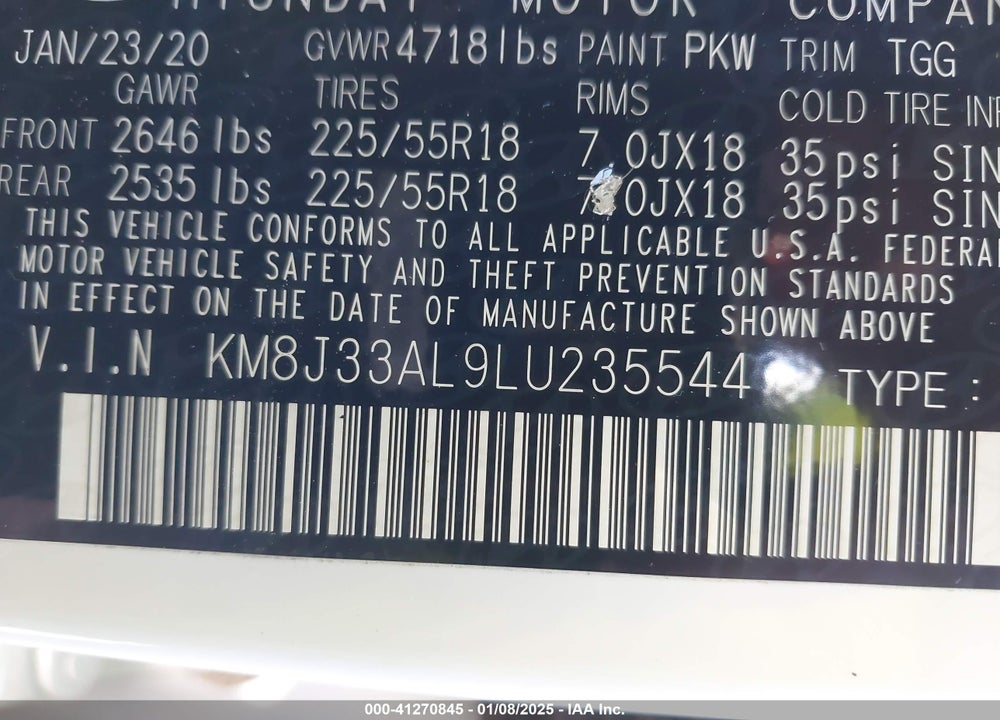 2020 HYUNDAI TUCSON SEL VIN: KM8J33AL9LU235544