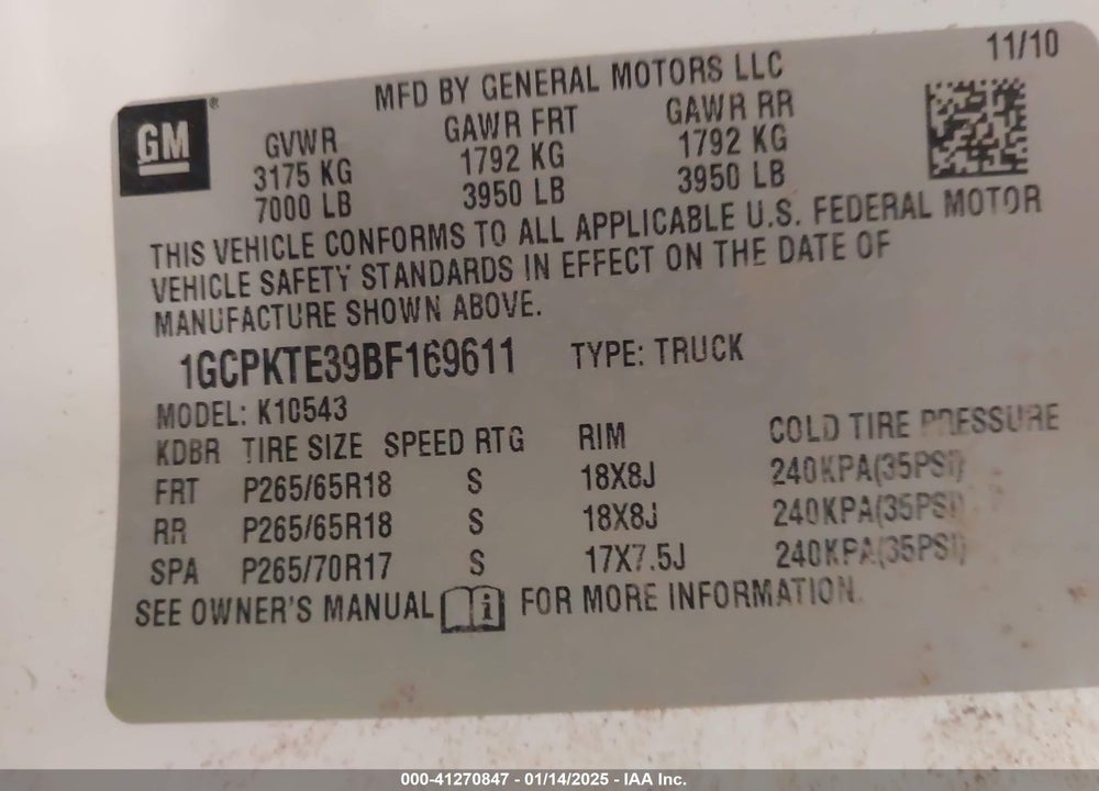 2011 CHEVROLET SILVERADO 1500 VIN: 1GCPKTE39BF169611