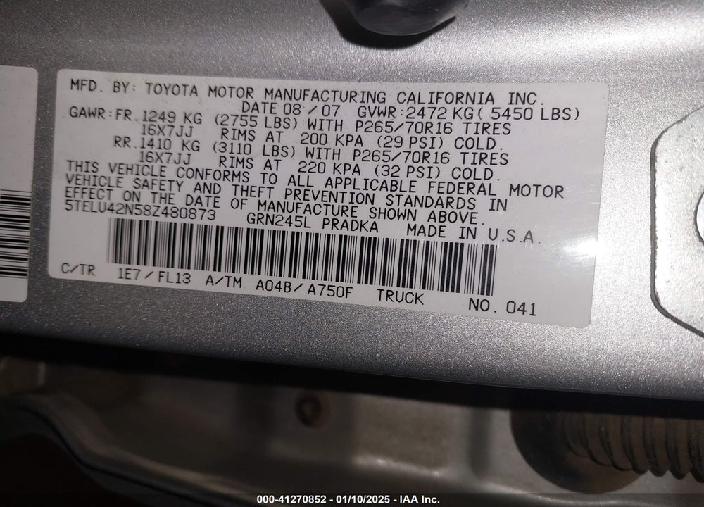 2008 TOYOTA TACOMA DOUBLE CAB VIN: 5TELU42N58Z480873